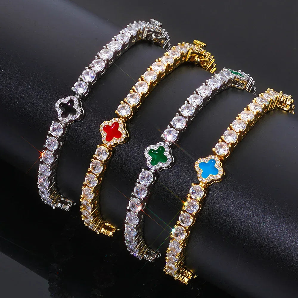 4mm Color Enamel Clover Tennis Bracelet | Iced Out Zircon Handpiece | Custom Rapper Chain Style | Caratix - CaratixJewelry